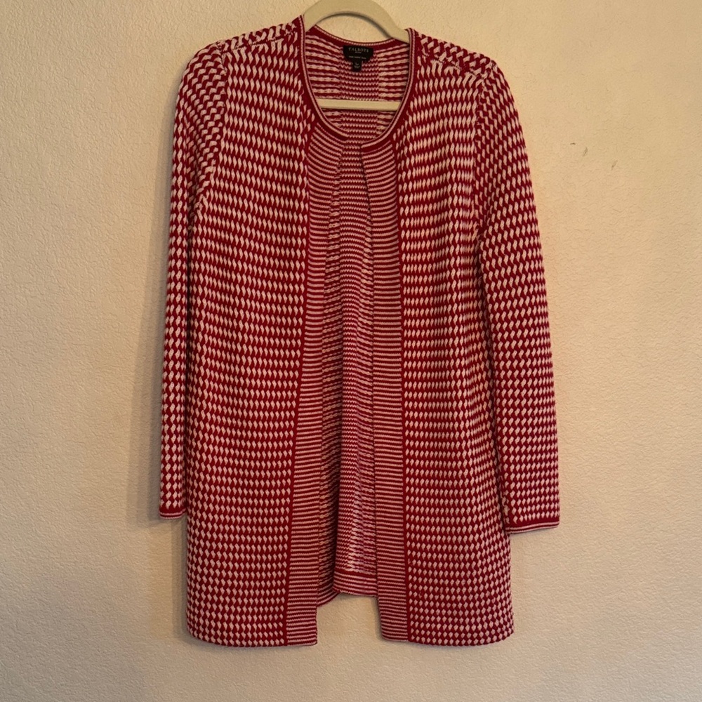 Talbots Red & White Open Front Knit Cardigan – Size Petite Large